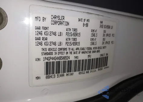 1999 Plymouth Grand Voyager Se z USA, uszkodzony, nr VIN 1P4GP44G4XB508524